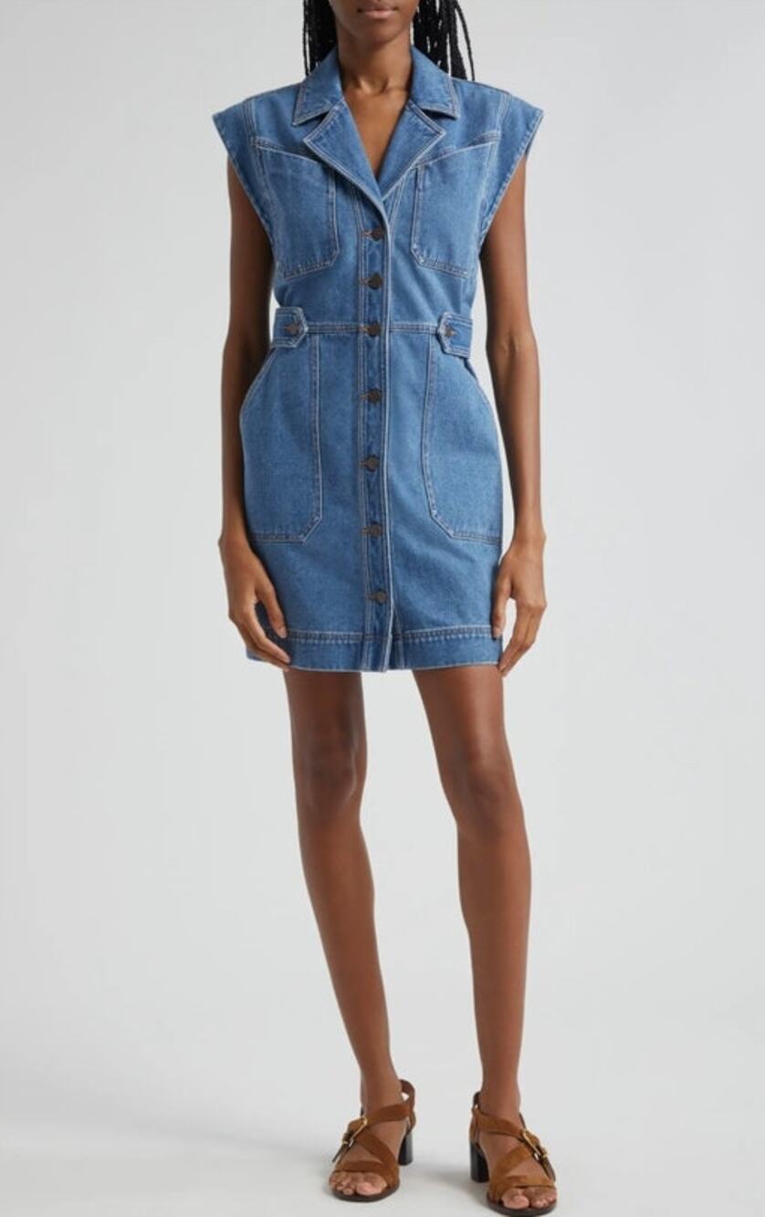 Veronica Beard Jax Sleeveless Denim Mini Dress Button Front Utility Pockets